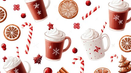 Delicious holiday treats with festive mugs, candy canes, oranges, and cinnamon, perfect for winter celebrations.