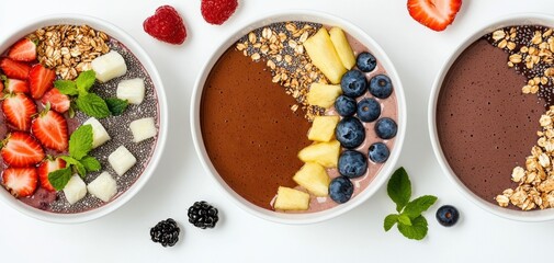 Delicious smoothie bowls with vibrant fruits, nuts, and granola, perfect for a healthy breakfast or snack.