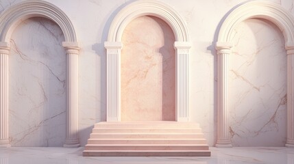 Elegant marble archways showcase a soft pastel backdrop with a pedestal waiting for a statement piece.