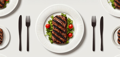 Elegant plate featuring grilled steak with fresh greens and cherry tomatoes, perfect for gourmet dining.