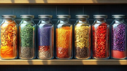 Colorful Assorted Spices and Grains in Glass Jars on Wooden Shelf