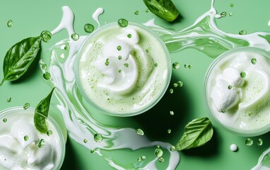 Enjoy refreshing mint cream cups with splashes and vibrant green leaves, perfect for summer treats.