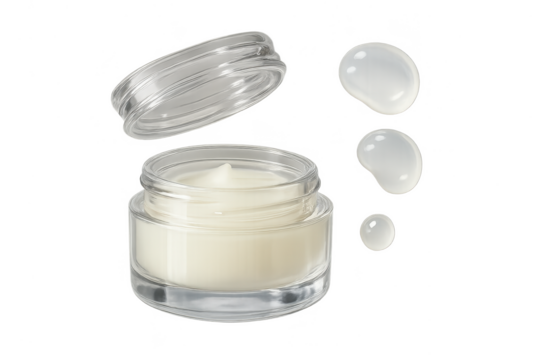 Luxury cream jar isolated on transparent background, with lid and serum drops