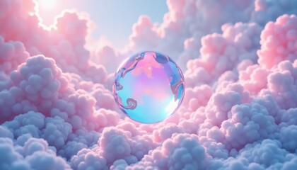 Floating crystal sphere above colorful clouds dreamy fantasy scene digital art surreal atmosphere aerial perspective