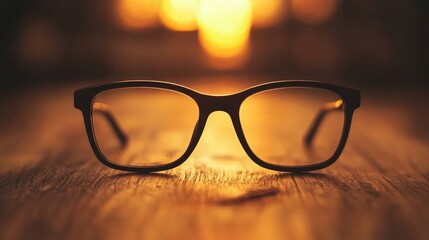 Black square glasses resting on a wooden desk with warm tones and soft focus