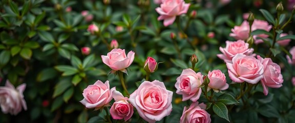 Obraz premium Pink roses in full bloom, lush green leaves, happy Mother's Day vibe, rose background, floral