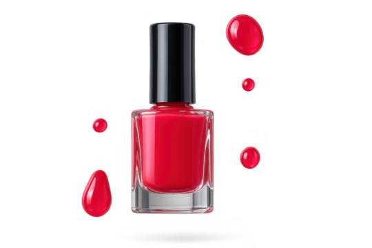 Vibrant red nail polish bottle isolated on a transparent background, drops