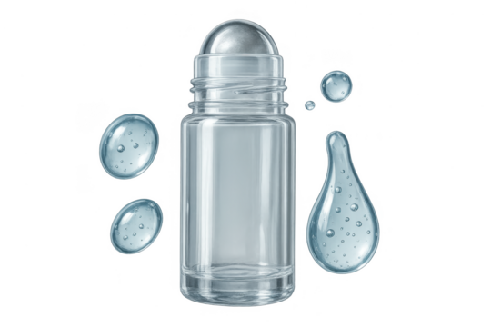 Deodorant roll-on bottle with water drops isolated on transparent background