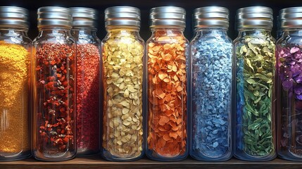 Colorful Assorted Spices and Grains in Glass Jars on Wooden Shelf