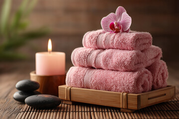 spa scene with pink towels rolled on bamboo tray, lit candle, orchid petals and massage stones