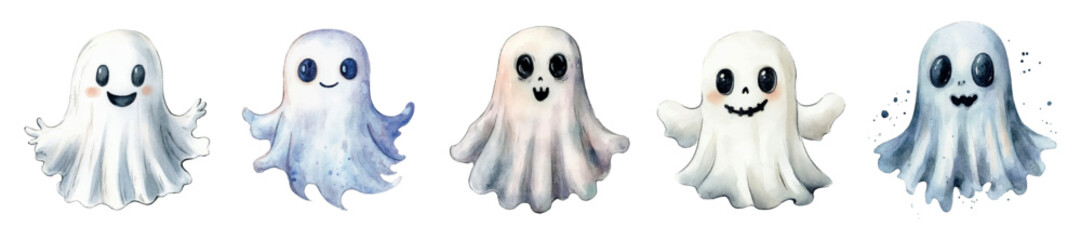 Watercolor set of cute ghosts png. Cute Halloween characters. Scary fantasy cartoon characters with different facial expressions, funny elements of scary monsters for Halloween. Vector illustration.