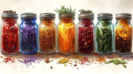 Colorful Assorted Spices and Grains in Glass Jars on Wooden Shelf
