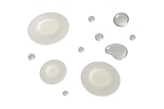 Collection of white plates and water droplets, isolated on transparent background