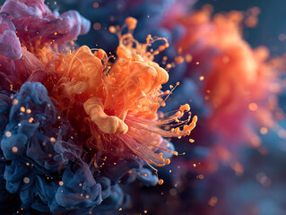 Obraz premium Abstract colorful ink explosion with orange and blue hues in water art