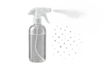 Clear spray bottle with mist isolated on transparent background, cleaning product