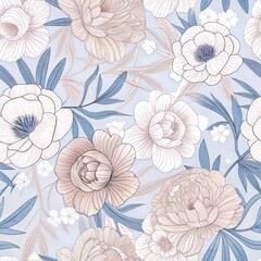Delicate floral line-art pattern &mdash; hand-drawn peonies and ranunculus on pale blue
