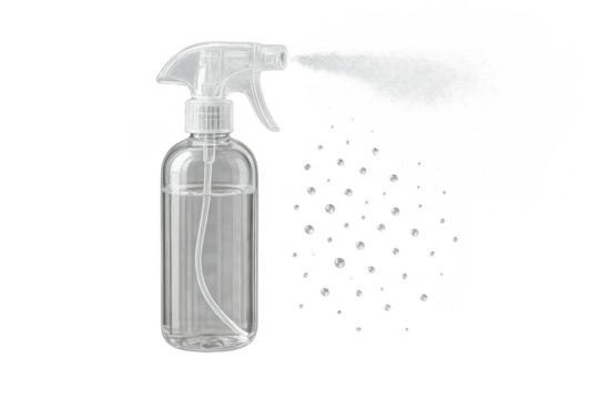 Clear spray bottle with mist isolated on transparent background, cleaning product
