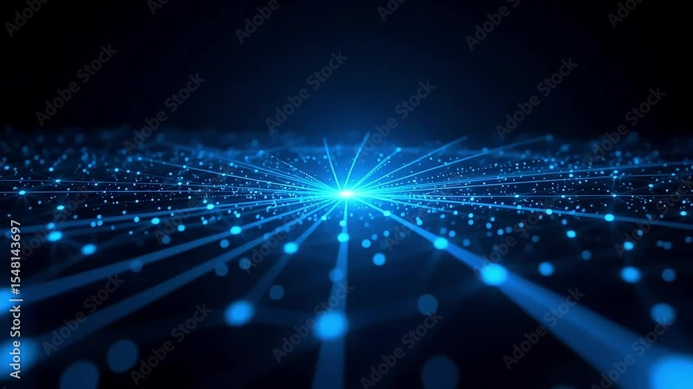 Poster abstract blue network data stream glowing brightly in the dark showing connectivity and technology