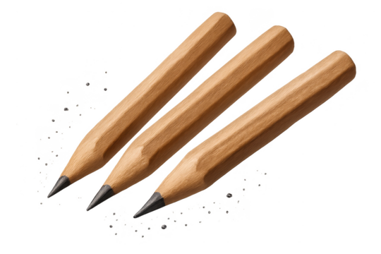 Three wooden pencils isolated on transparent background, professional tools