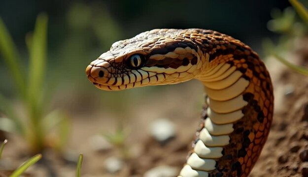 Detailed macro shot of a brown snake extending its tongue outdoors.