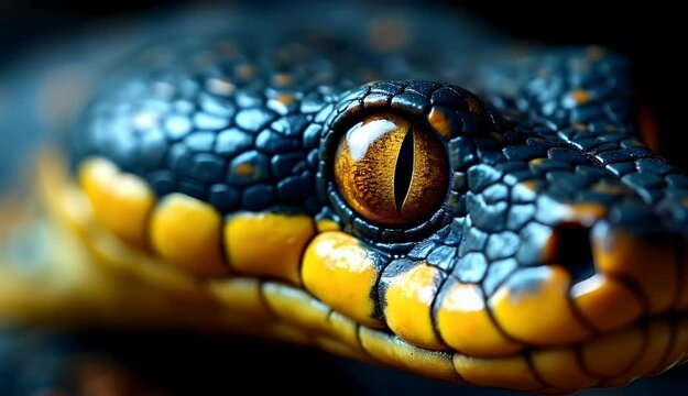 Detailed close-up of a snake featuring yellow and black scales on a dark background.