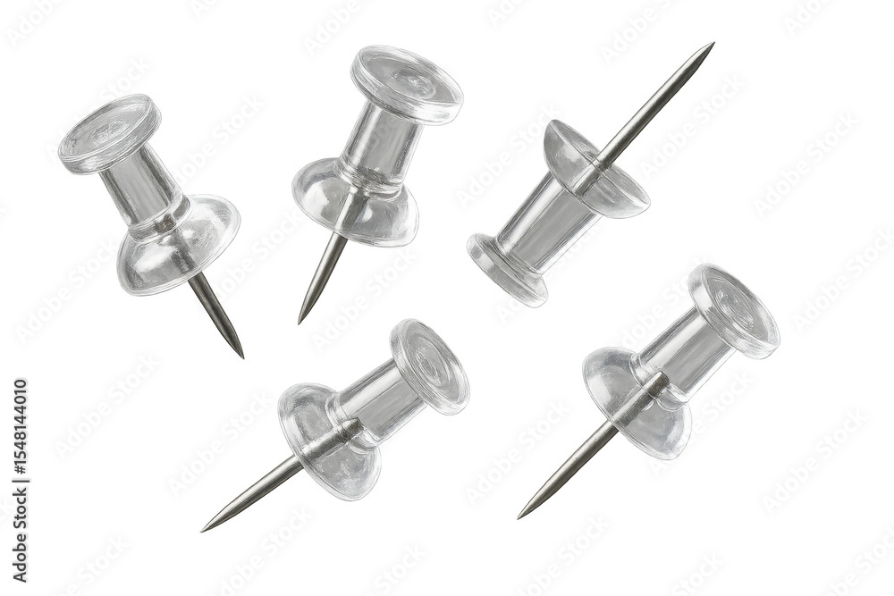 Poster transparent push pins isolated on transparent background, clear and sharp