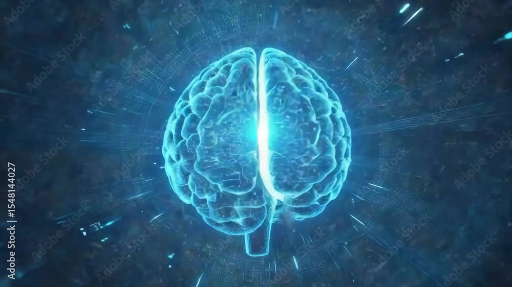 Poster Concept of how the brain works and how thought processes occur. Ideal for topics on artificial intelligence, technology and thinking. Bright pulses symbolize intelligence, learning and innovation.