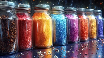 Colorful Assorted Spices and Grains in Glass Jars on Wooden Shelf