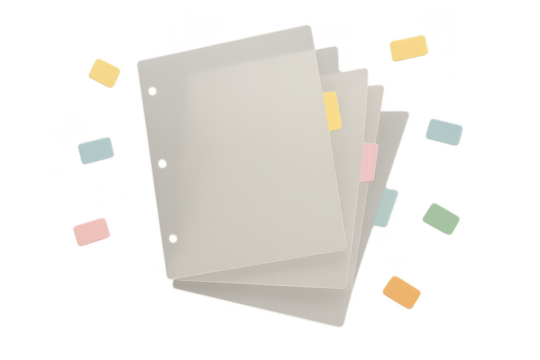 Transparent binders and colorful sticky notes isolated on transparent background.