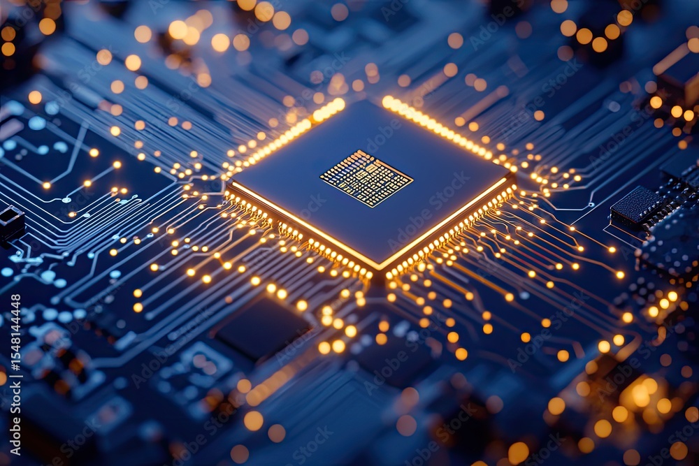 Poster close-up of a circuit board with a central processor
