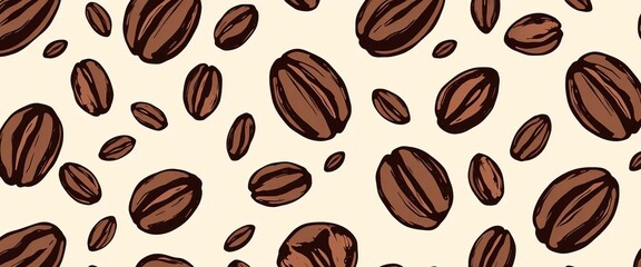 Seamless vector pattern of hand-drawn coffee beans, dark brown on beige background,  roasted,  wrapping