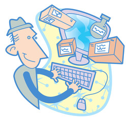 Smiling person confidently shopping online from desktop computer, with products emerging from the screen. Perfect for e-commerce, digital retail, and internet consumerism. Vibrant digital illustration