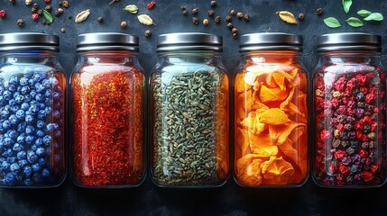 Colorful Assorted Spices and Grains in Glass Jars on Wooden Shelf