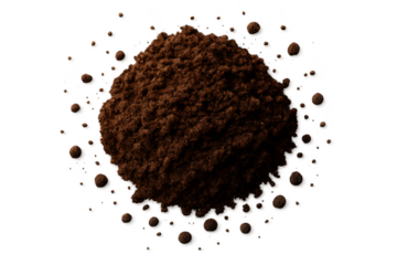 Pile of dark brown coffee grounds isolated on a transparent background, rich