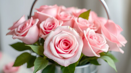 soft petals flower pink rose arrange in bucket form of curve for wedding