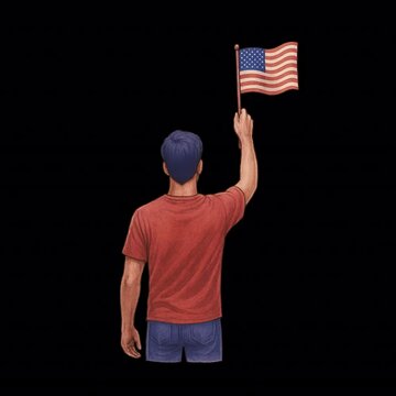 Looped animation of a man holding the US flag in a red shirt