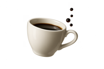 Steaming cup of black coffee with floating droplets on transparent background