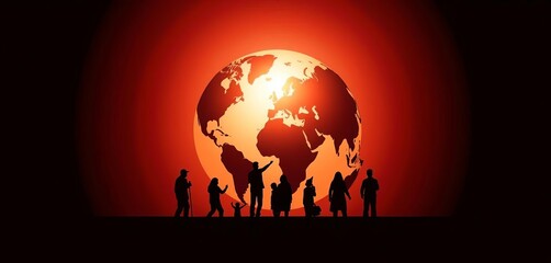 Silhouetted figures forming a globe, representing global refugee displacement,  travel,  unity
