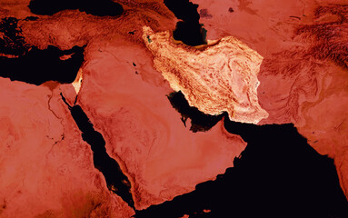 Map showing the conflict between Israel and Iran. 3D rendering of a map of the Middle East, focusing on Israel and Iran.