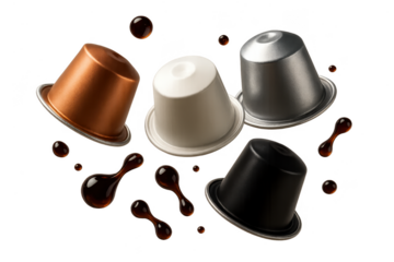 Coffee capsules with coffee drops on transparent background, isolated objects