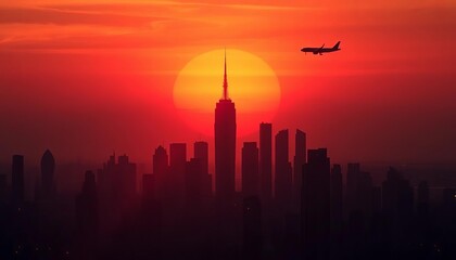 Silhouetted futuristic city skyline at sunset, airplanes flying overhead, contrast, graphic