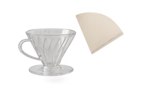 Glass pour over coffee maker with paper filter isolated on transparent background