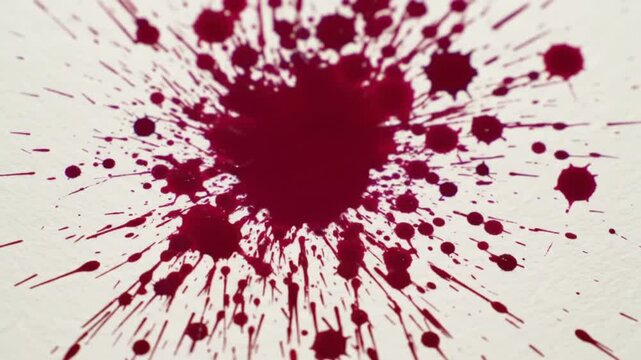 Red ink splatters on a white background create an abstract pattern