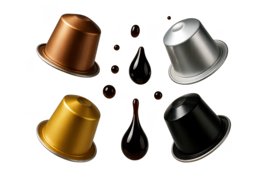 Coffee capsules and drops, isolated on transparent background, various colors