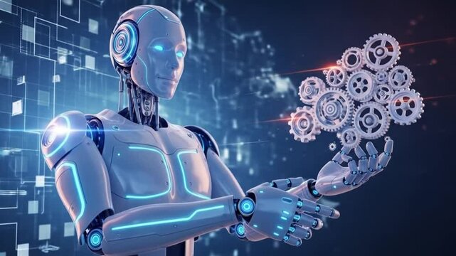 Futuristic Robot Holding Gears: Illustrating Artificial Intelligence and Automation