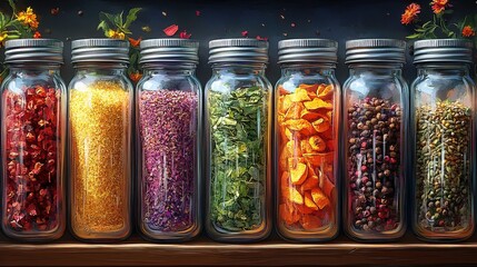 Colorful Assorted Spices and Grains in Glass Jars on Wooden Shelf