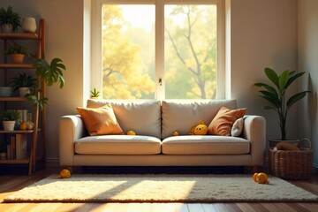 A cozy living room scene, sunlight streaming through a window, highlighting a comfortable sofa and scattered toys, conveying a sense of warmth and contentment , simple, family, comfortable