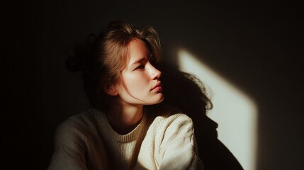 Young woman sitting with sad expression, light and shadow depicting mental health concept