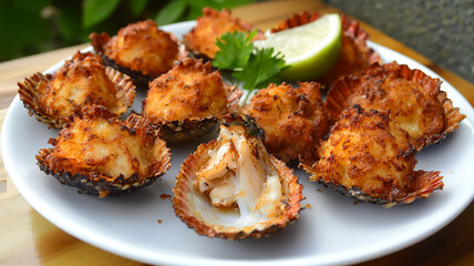 Fototapeta premium Crispy Coconut-Crusted Scallops: A Delicious Seafood Recipe