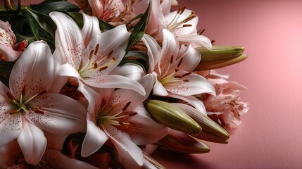 Obraz premium Fresh lily flowers pink background floral composition